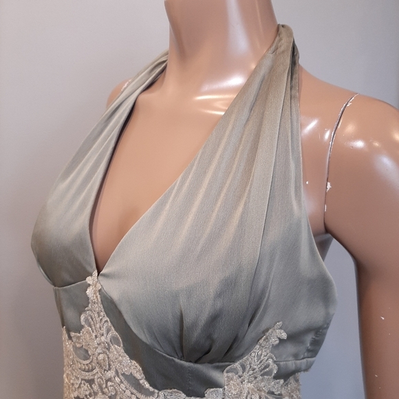 Vintage Joseph Ribkoff Halter Dress Sage Green Gold Crochet Maxi Sleeveless Gown - Picture 6 of 16